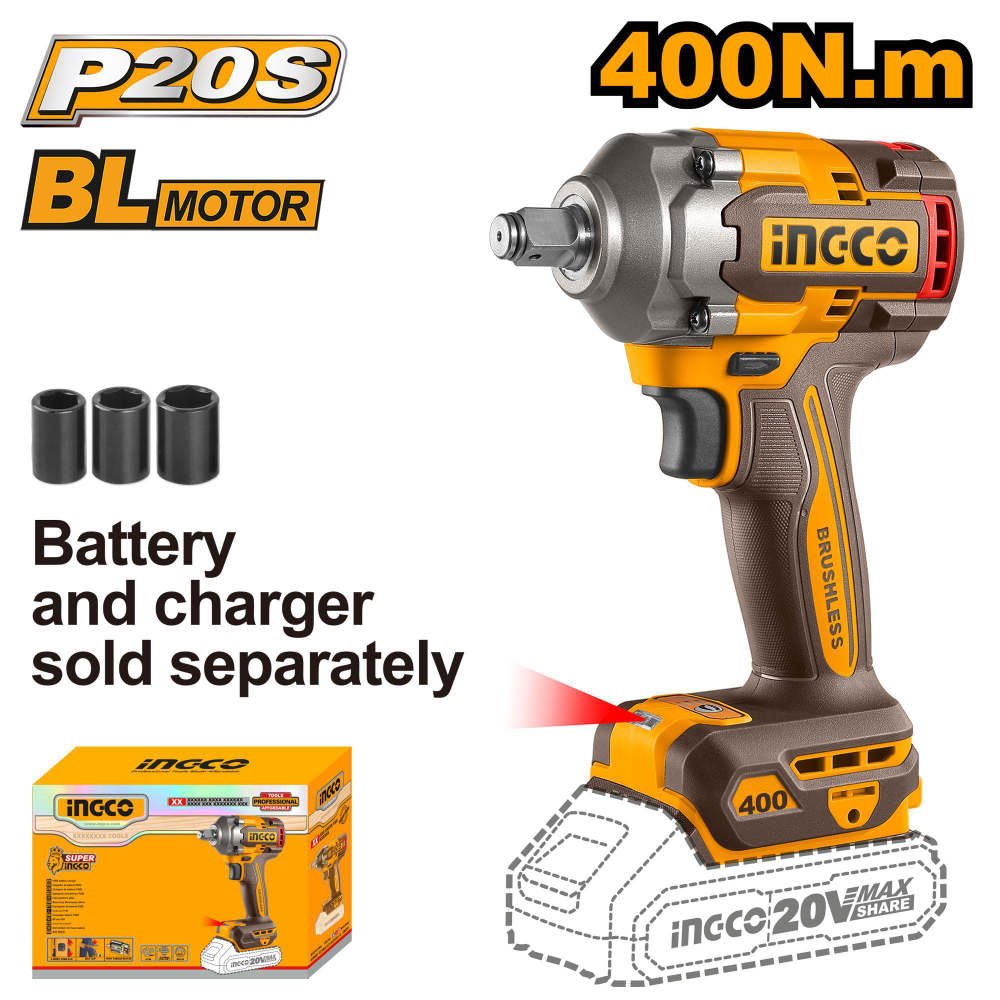 Аккумуляторный бесщеточный ударный гайковерт INGCO CIWLI20401 INDUSTRIAL 20 В 1/2" 400 Нм