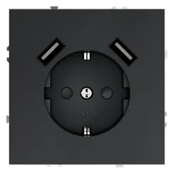 Розетка с USB A+A с заземлением и защитными шторками Voltum S70 Графит VLS040407