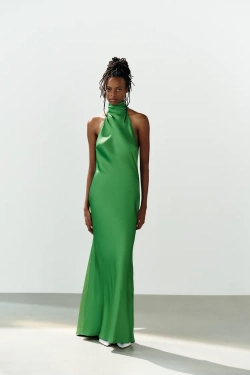 ZARA ДЛИННОЕ АТЛАСНОЕ ПЛАТЬЕ С ЗАВЯЗКАМИ, ИЗУМРУДНЫЙ