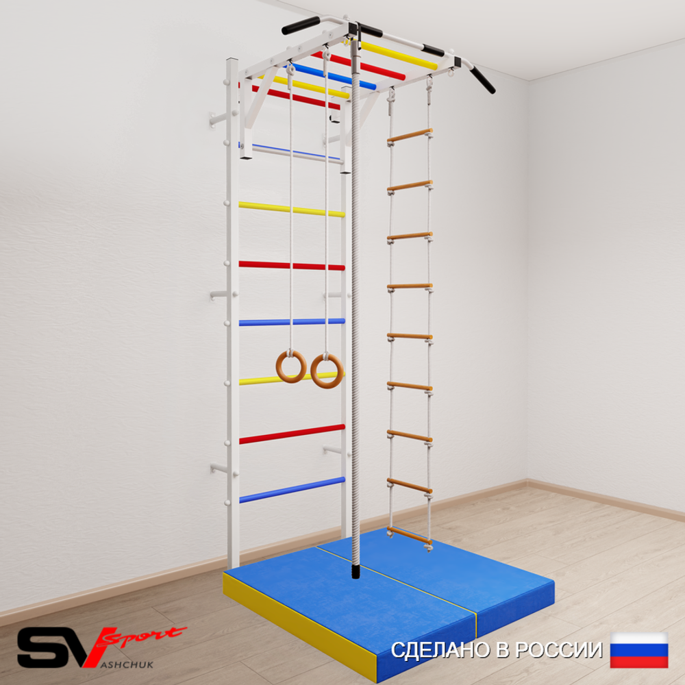 Шведская стенка Sv Sport усиленная 6214 (Турник рукоход/Канат/Кольца/Лестница/Мат 1м)