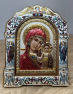 Казанская БМ, икона арочная с рамкой под стеклом, красное дерево,эмаль 266х335
