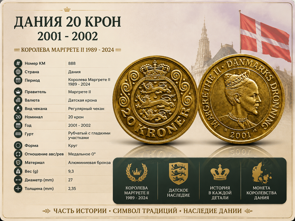 Дания 20 крон, 2001 Королева Маргрете II XF