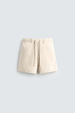 ZARA ШОРТЫ RELAXED FIT ИЗ ХЛОПКА И ЛЬНА, СВЕТЛО-БЕЖЕВЫЙ