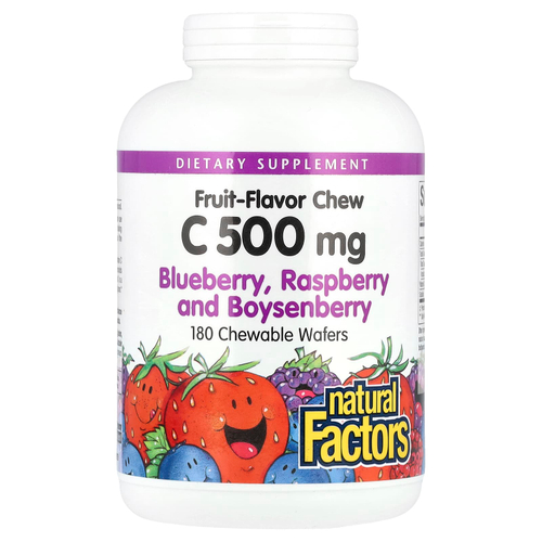 Natural Factors, жевательные таблетки с витамином C, со вкусом фруктов, голубика, малина и бойзенова ягода, 500 мг, 180 жевательных таблеток
