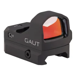 Коллиматор Gaut Tourmaline 1x24x17, открытый, точка 3 МOA красная, Weaver - вид спереди сбоку с логотипом Gaut