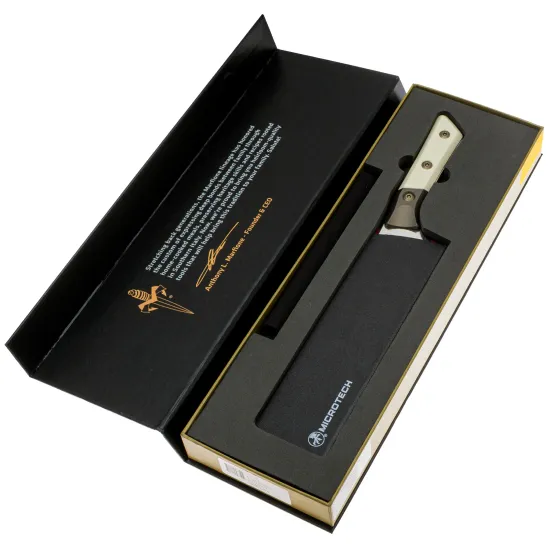 Нож кухонный Microtech Chef's Knife 3000B-16IVPR, San Mai Damascus M390, Bronze Titanium / Ivory G-10 - рукоять G10 / титан, сталь - San Mai Damascus M390