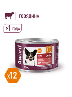 Влажный корм AWARD для взрослых собак паштет из говядины с морковью 200г
