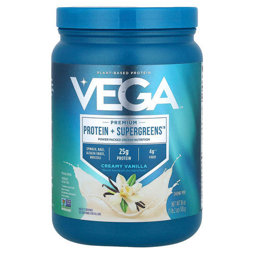 Vega, Premium, Protein + Supergreens™, протеиновая добавка с зеленью, сливочная ваниль, 510 г (1 фунт 2 унции)