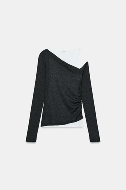 ZARA ТОП СО СБОРКАМИ И ДВОЙНЫМ ЭФФЕКТОМ, ТЕМНЫЙ МЕЛАНЖ