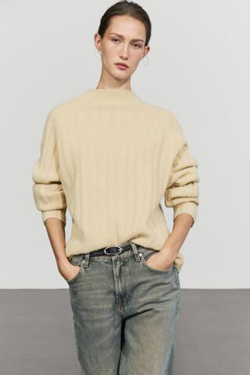 Massimo Dutti Свитер из 100% шерсти с воротником-стойкой, оливковый