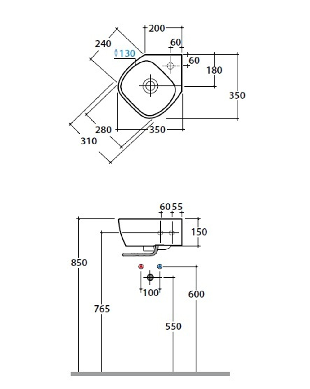 Угловая раковина Globo Genesis GE050.BI на 35 см