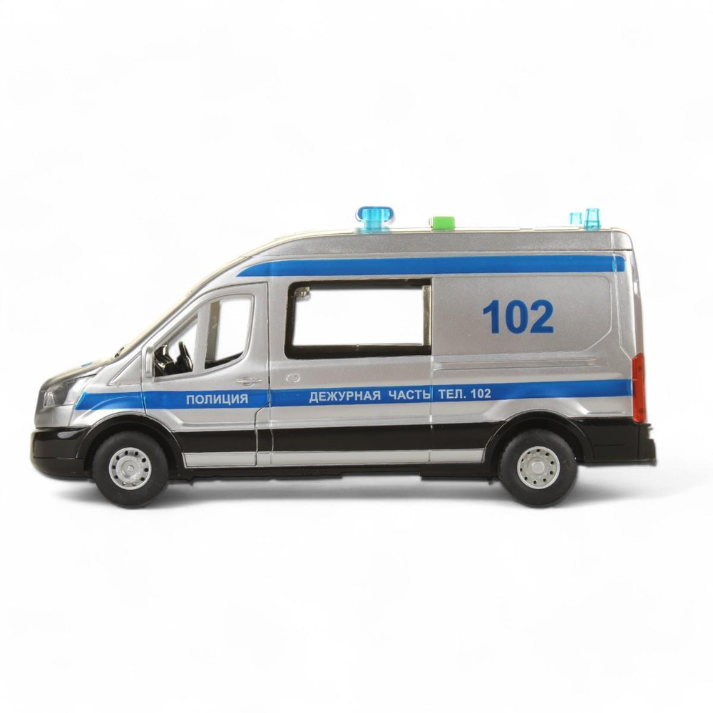 Модель ин. пласт. "Ford Transit. Полиция" 22,5см, двери, серебр, свет-звук, коробка (Технопарк)