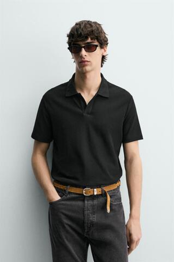 ZARA ПОЛО REGULAR FIT ИЗ ХЛОПКА С РЕЛЬЕФНЫМ УЗОРОМ, ЧЕРНЫЙ