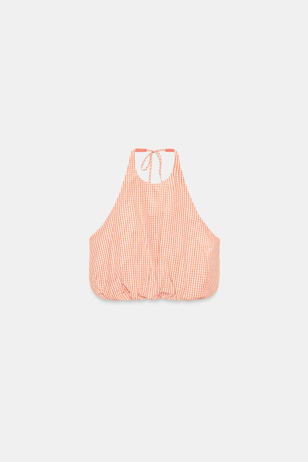 ZARA ТОП С ГОРЛОВИНОЙ ХАЛТЕР И КЛЕТЧАТЫМ ПРИНТОМ ВИШИ, БЕЛО-ОРАНЖЕВЫЙ