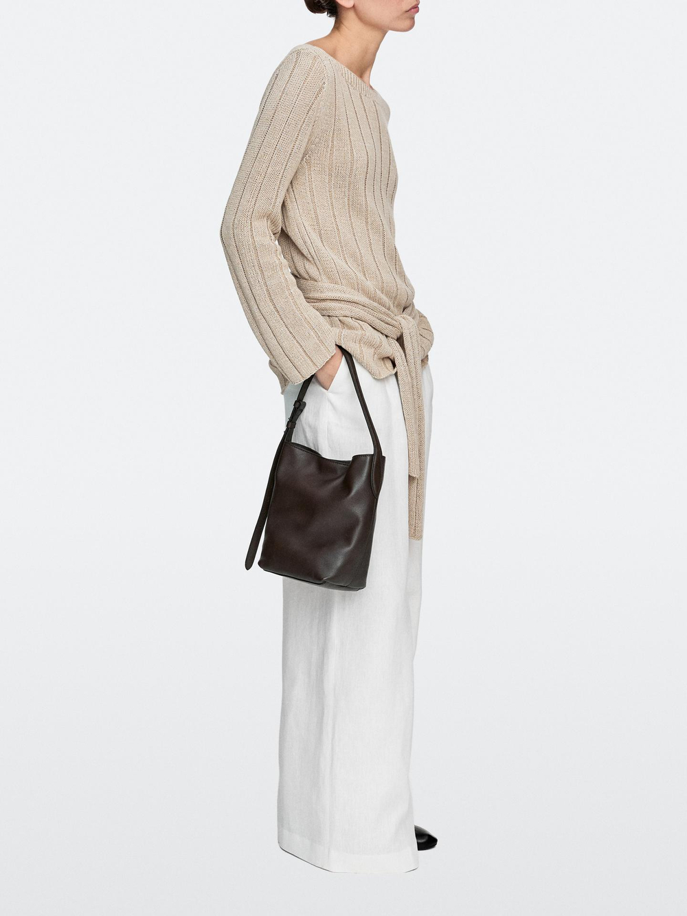 Massimo Dutti Мини-сумка-ведро из кожи наппа, коричневый