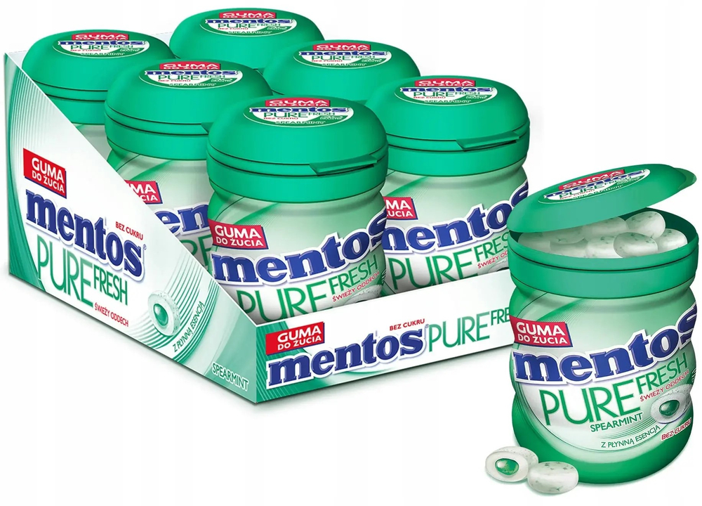 Mentos Pure Fresh Spearmint (Ментос Сперминт жев.резинка) 60г (6шт)  банка