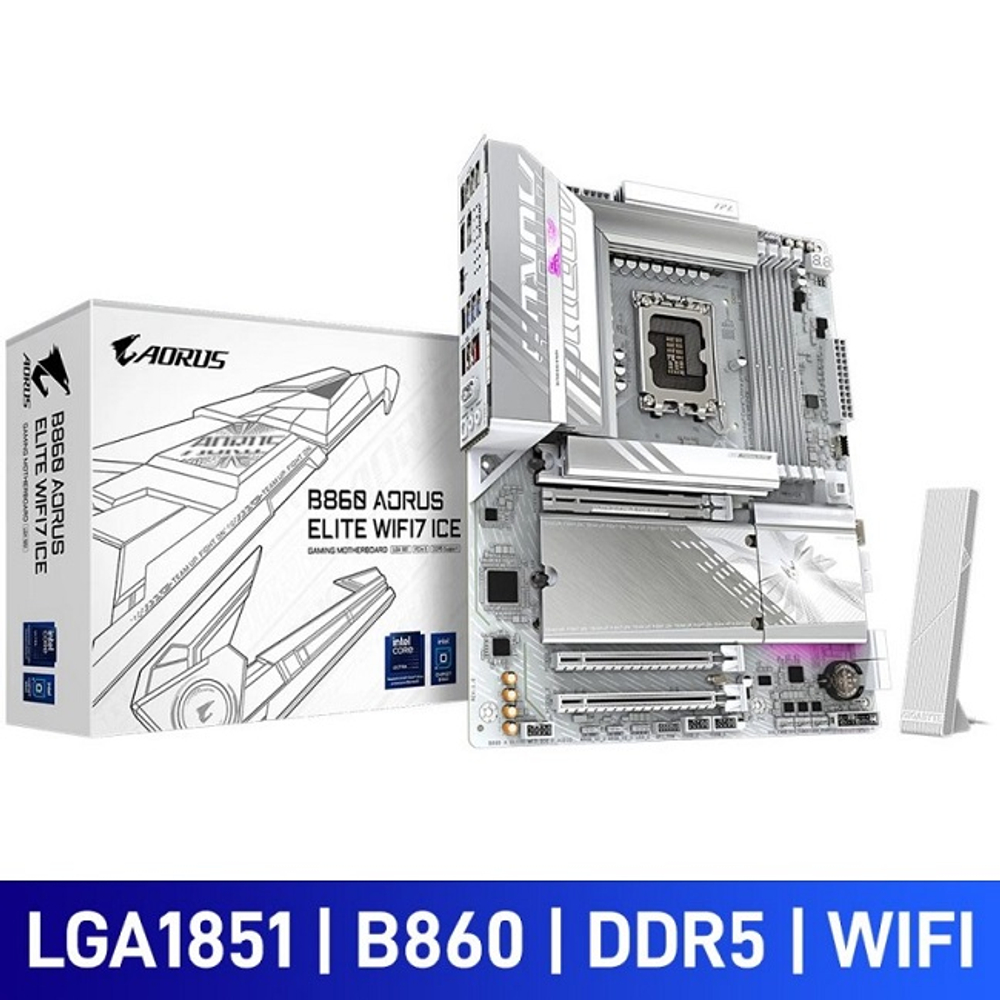 Материнская плата GIGABYTE B860 AORUS ELITE WIFI7 ICE (LGA1851/B860/4xDDR5/3xPCI-Ex16/3xM.2/Wi-Fi/BT/SB/GLAN/HDMI/ATX)