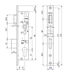 Корпус замка STUBLINA 3020.00 INOX E=25мм м/о 85мм