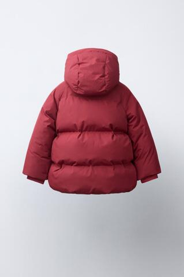 ZARA СТЕГАНОЕ ПАЛЬТО С КАПЮШОНОМ WATER REPELLENT, ТЕМНО-РОЗОВЫЙ