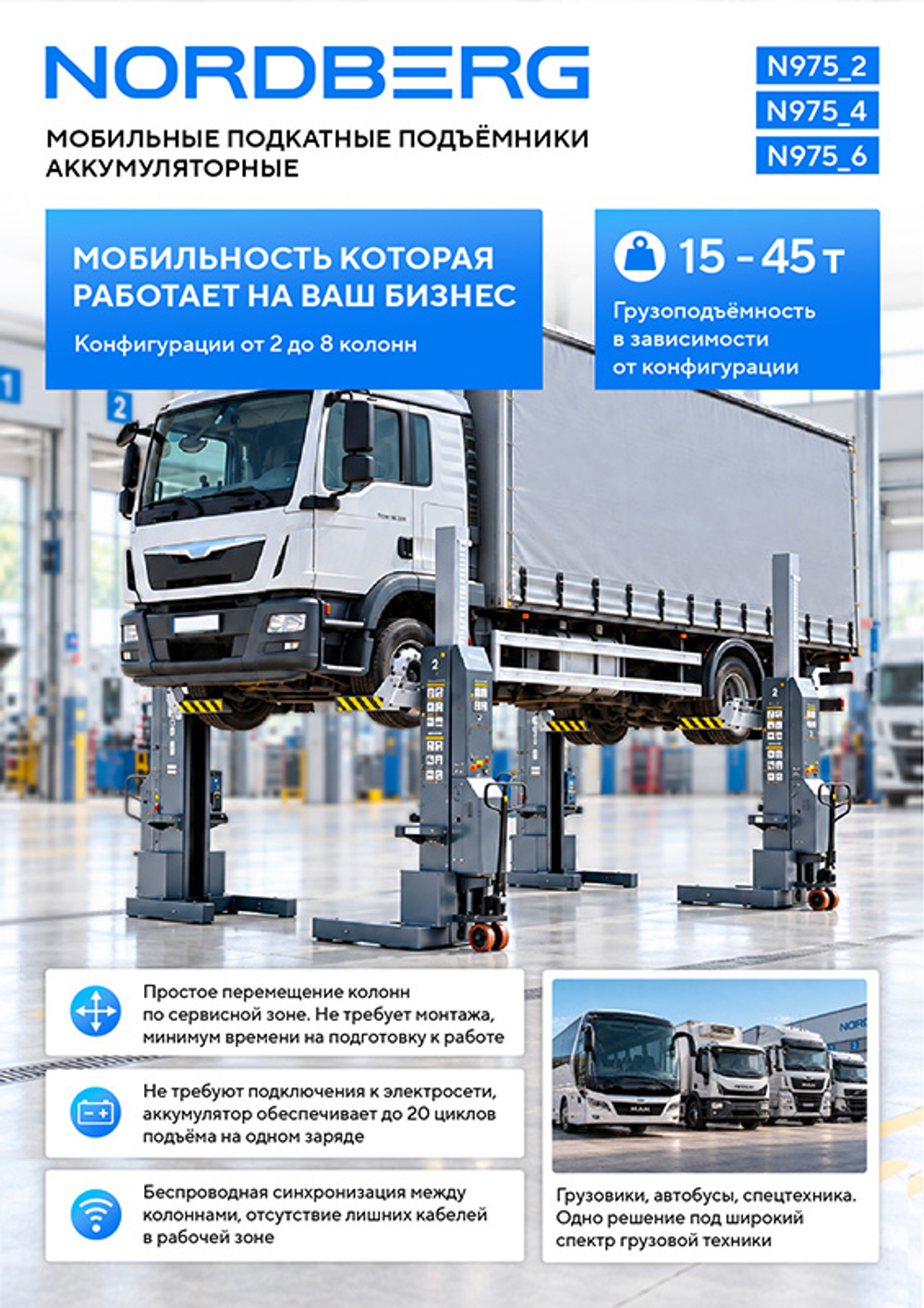 NORDBERG (N975_4(G)) Подкатной подъёмник аккумуляторный, электрогидравлический (комплект 4 шт)