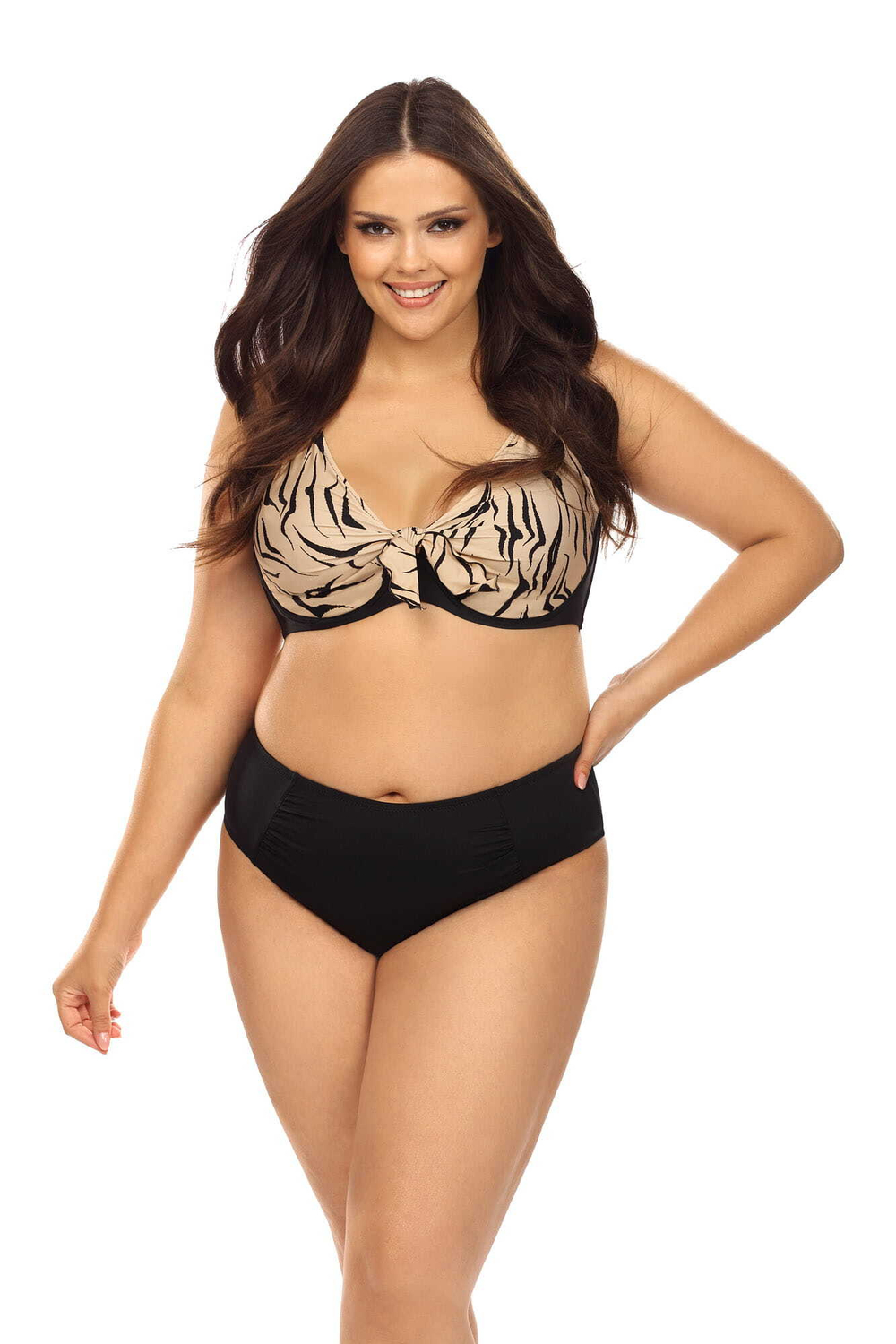 Раздельный купальник plus size с анималистическим принтом на лифе (Размер: 75G/38) (Цвет: бежевый с черным)