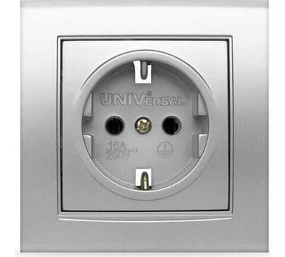 Розетка одноместная "UNIVersal" серия "Бриллиант" с/з, с/у, 16А, 220В, серебро (еврослот) (HU2340 )
