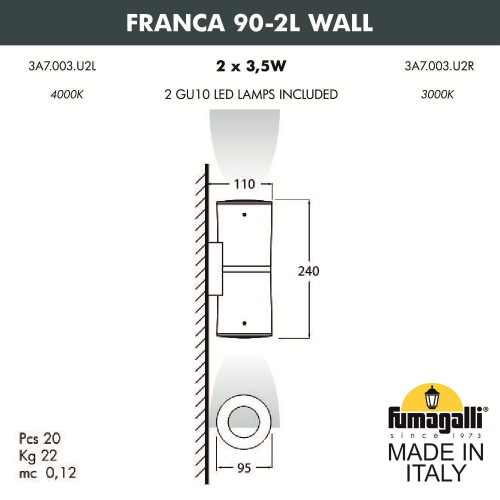 Уличный настенный светильник Fumagalli FRANCA 90 3A7.003.000.AXU2L