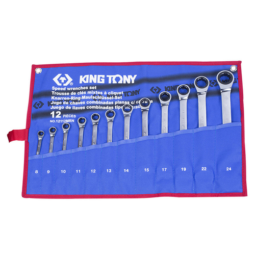 KING TONY (12112MRN) Набор комбинированных трещоточных ключей, 8-24 мм, чехол из теторона, 12 предметов