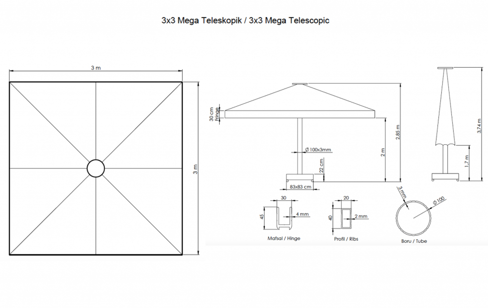 Зонт профессиональный 3х3 м Theumbrela Semsiye Evi Mega Telescopic