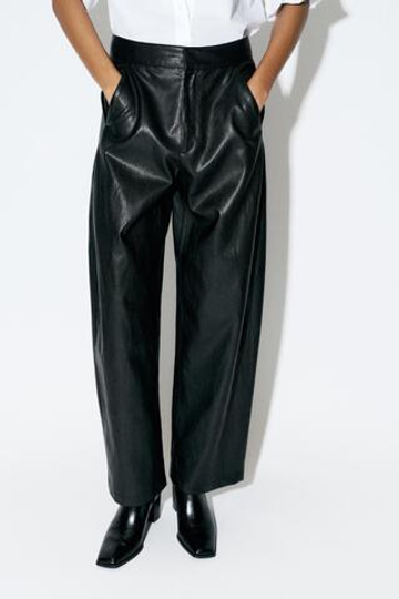 ZARA БРЮКИ BARREL ИЗ ИСКУССТВЕННОЙ КОЖИ, ЧЕРНЫЙ