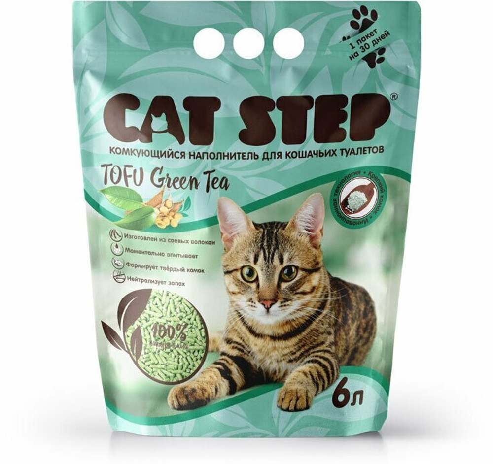 CAT STEP Tofu Green Tea Наполнитель комкующийся растительный, 6 л.