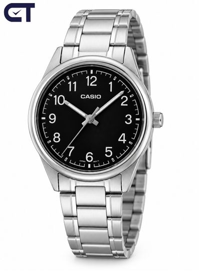 CASIO MTP-V005D-1B4 CASIO Collection мужские наручные часы — чёрный циферблат с контрастной разметкой и стальной браслет