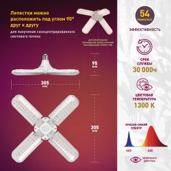 Фитолампа для растений светодиодная ЭРА FITO-36W-RB-E27-FOLD 4-х лепестковая красно-синего спектра 36 Вт Е27 | Фитолампы Е27