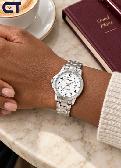 CASIO LTP-V004D-7B CASIO Collection женские наручные часы — светлый циферблат, стальной браслет и удобная индикация даты