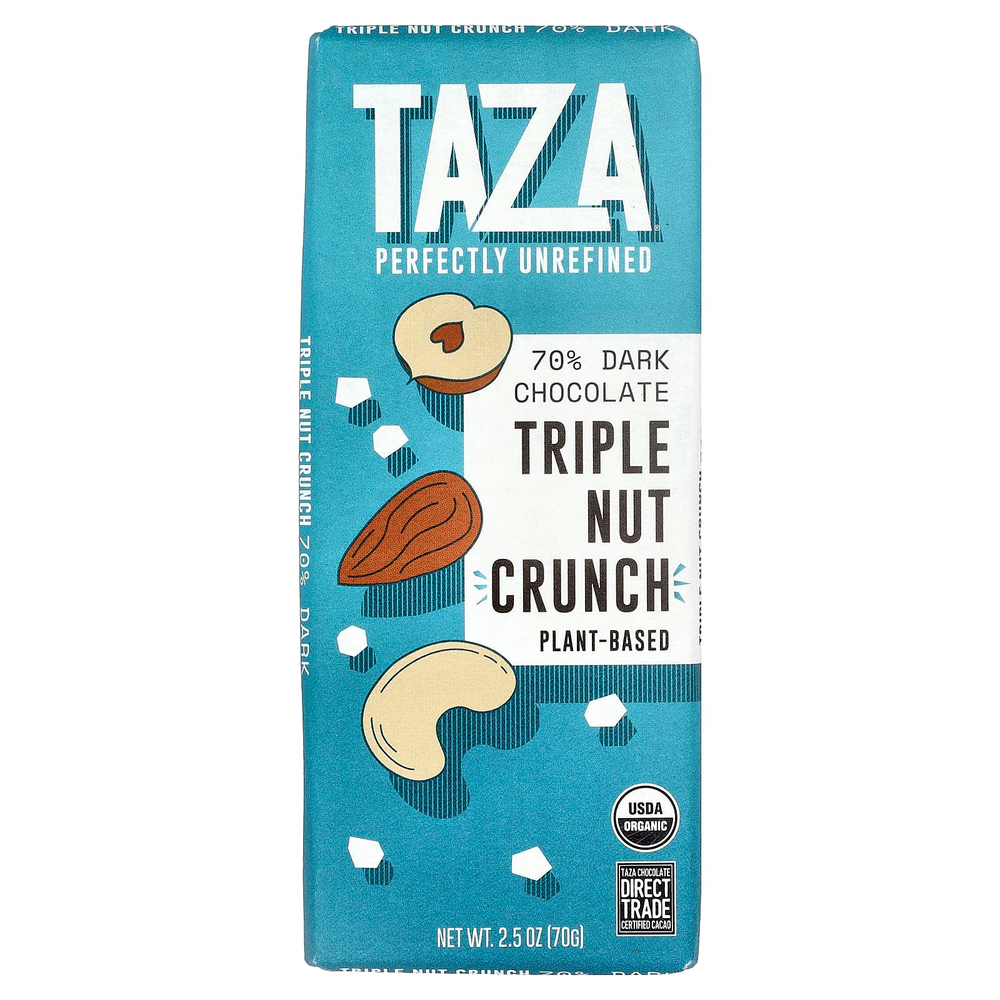 Taza Chocolate, 70% темный шоколад, хрустящая тройная ореховая добавка, 70 г (2,5 унции)