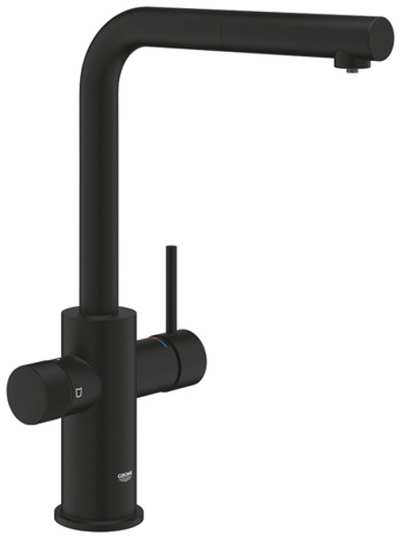 Grohe Blue Pure Minta Смеситель кухонный для подачи смешанной и фильтрованной воды c выдвижным L-образным изливом; цвет Фантомный чёрный