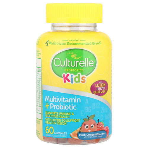 Culturelle, Детские пробиотики, мультивитамины и пробиотики, персик-апельсин и ягодное ассорти, 60 жевательных таблеток
