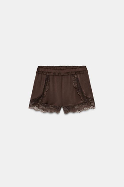 ZARA КОМБИНИРОВАННЫЕ ШОРТЫ С КРУЖЕВОМ, КОРИЧНЕВЫЙ