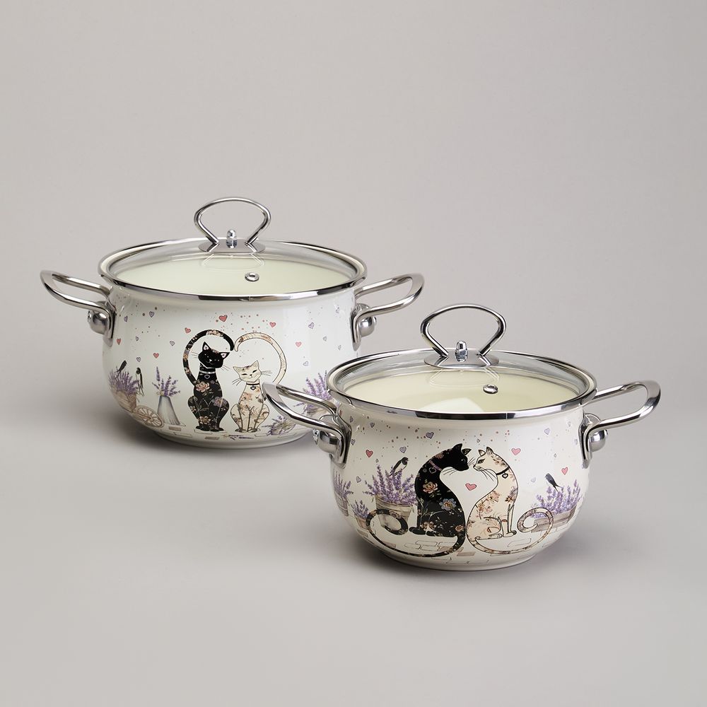 НАБОР КАСТРЮЛЬ ЭМАЛИРОВАННЫЙ, СЕРИЯ "LAVENDER CATS" 4ПР. 2,0/2,8Л ДИА.18/20СМ