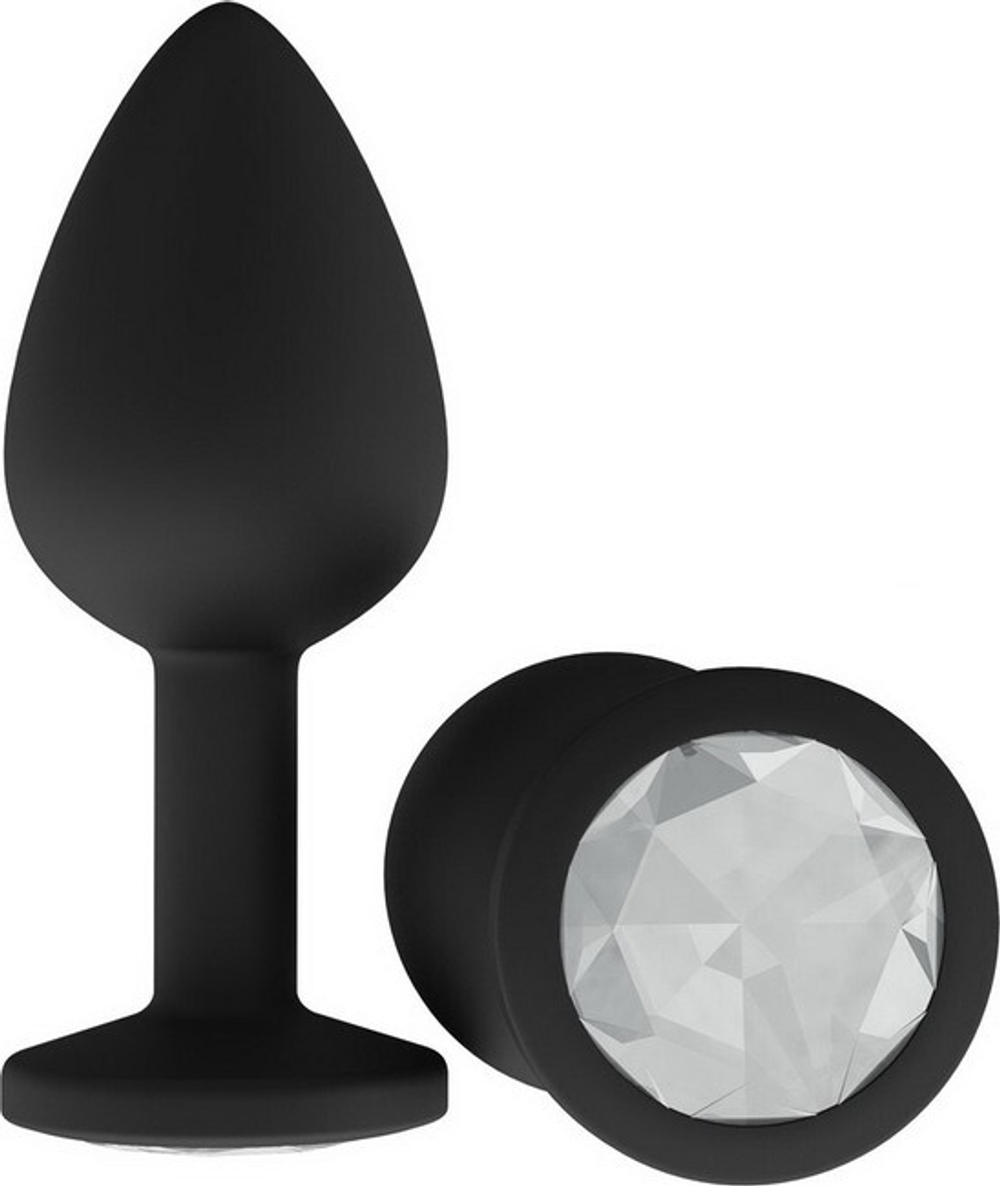 Средняя черная пробка с прозрачным кристаллом ONJOY Silicone Collection (Цвет: черный с прозрачным)
