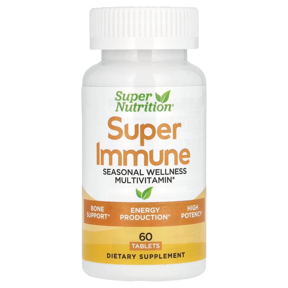 Super Nutrition, Super Immune, высокоэффективные мультивитамины с глутатионом, минералами и травами для укрепления иммунитета, 60 таблеток