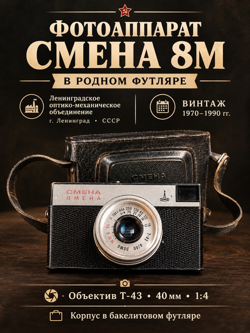 Фотоаппарат "Смена 8М" в родном футляре, бакелит, Ленинградское оптико-механическое объединение, г. Ленинград, СССР, 1970-1990 гг.