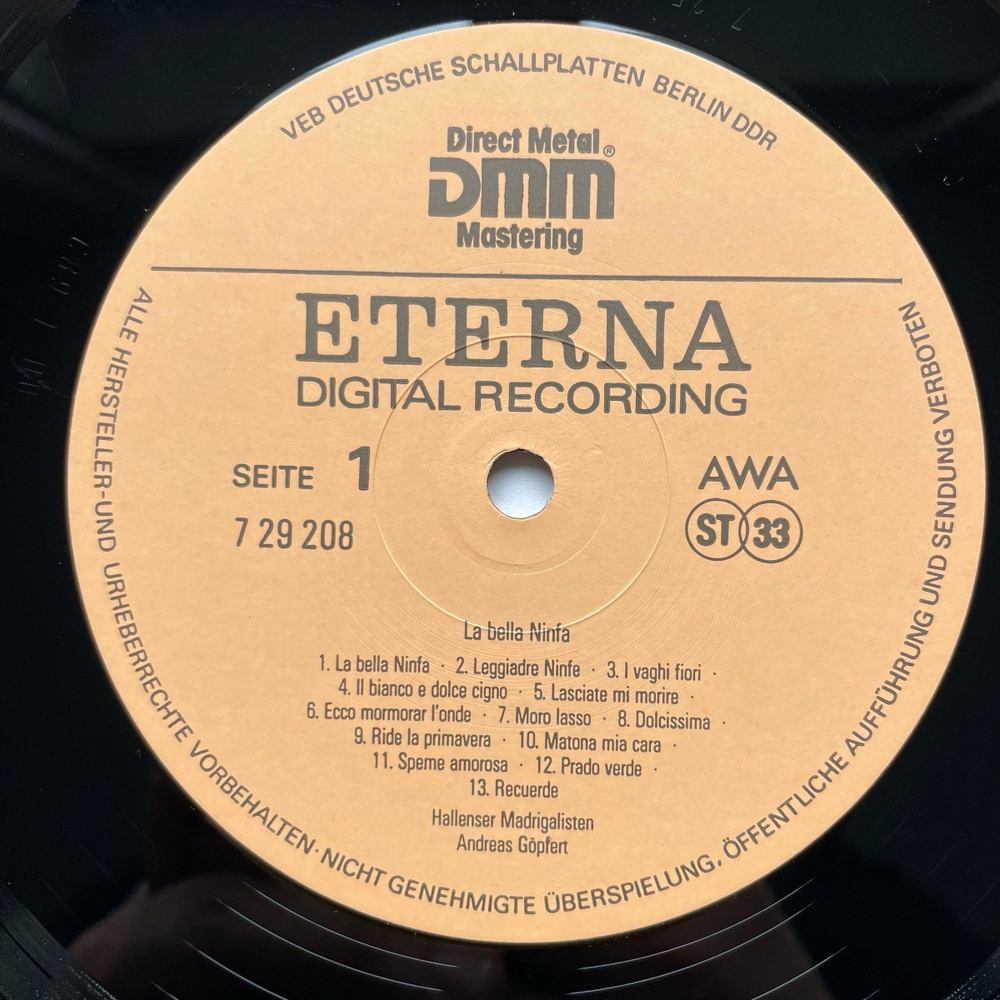 Винтажная виниловая пластинка LP Hallenser Madrigalisten, Andreas Gopfert La Bella Ninfa (ГДР 1989)