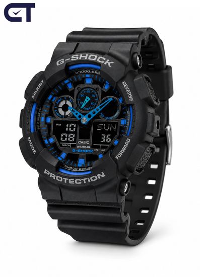 CASIO GA-100-1A2DR G-SHOCK мужские наручные часы — чёрная G-SHOCK с синими акцентами и магнитостойкостью
