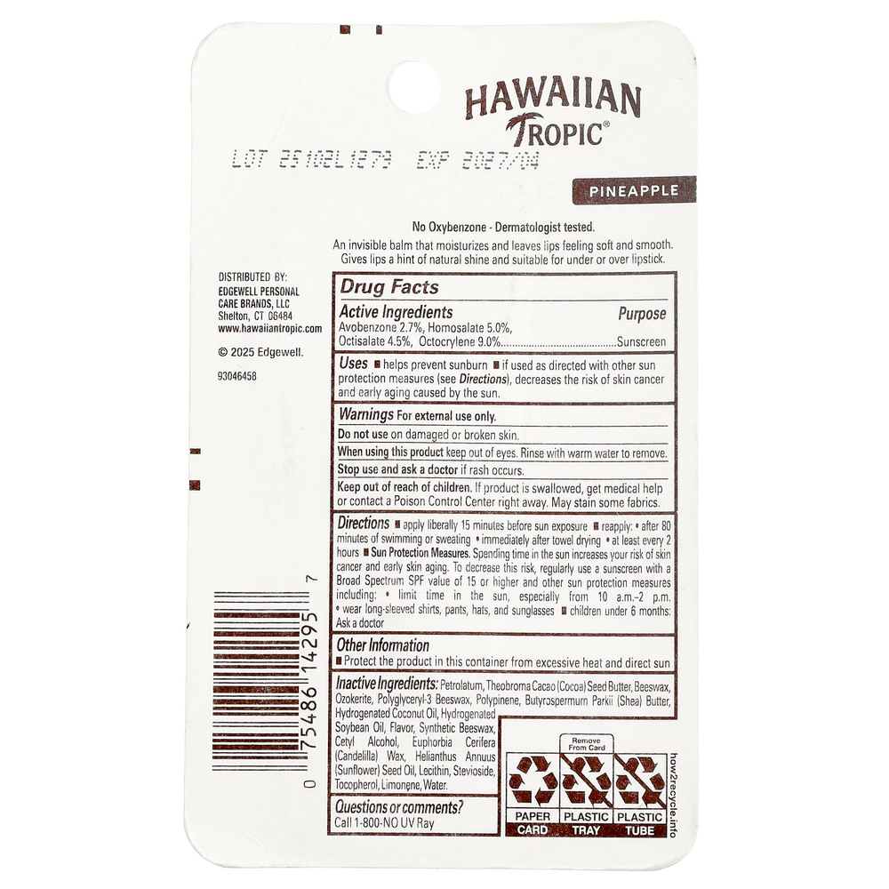Hawaiian Tropic, солнцезащитный бальзам для губ, SPF 30, ананас, 9,9 г (0,35 унции)