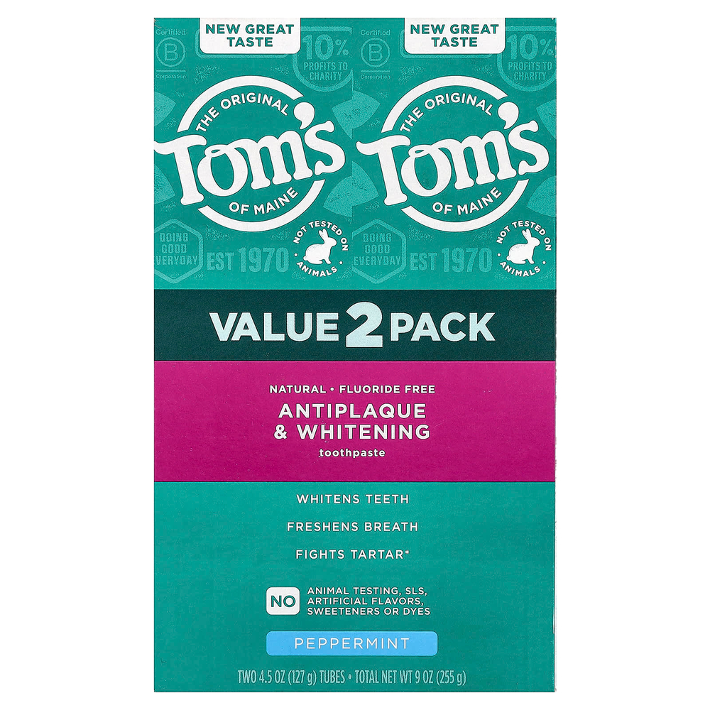 Tom's of Maine, отбеливающая зубная паста против зубного налёта, без фторидов, перечная мята, 2 шт. по 127 г (4,5 унции)