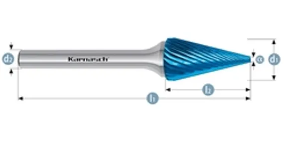 Борфреза твердосплавная Karnasch форма A, 6х18х6х50 мм, насечка HP-6, покрытие Blue-Tec, арт. 11.5004-065
