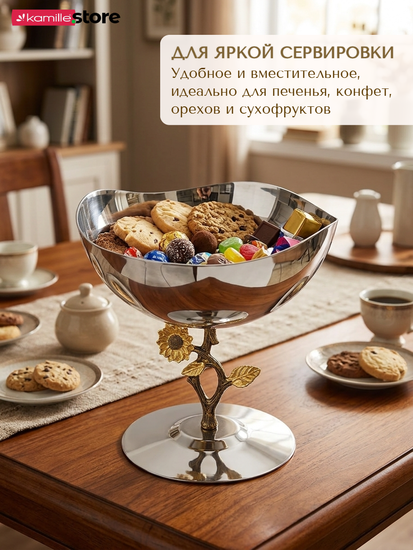 Конфетница диаметр 20 см. из нержавеющей стали, на ножке, с декором "Подсолнух"
