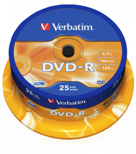 Оптический диск Verbatim DVD-R 4.7GB 16X AZO Matt Silver, Spindle, 25 шт