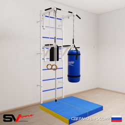 Шведская стенка Sv Sport усиленная 6745 (Турник стандарт/Брусья/Канат/Кольца/Цепь/Мешок 15кг/Мат 1м)